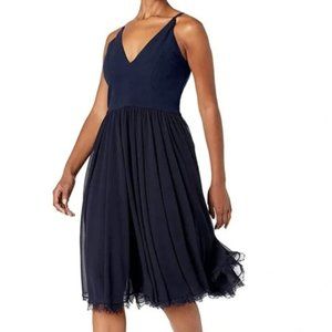 Dress the Population Alicia Mixed Media Midi Dress in Midnight Blue